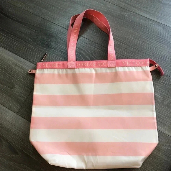 Victoria's Secret Pink White Striped Insulated Cooler Tote Bag Zipper Reusable - Picture 9 of 9